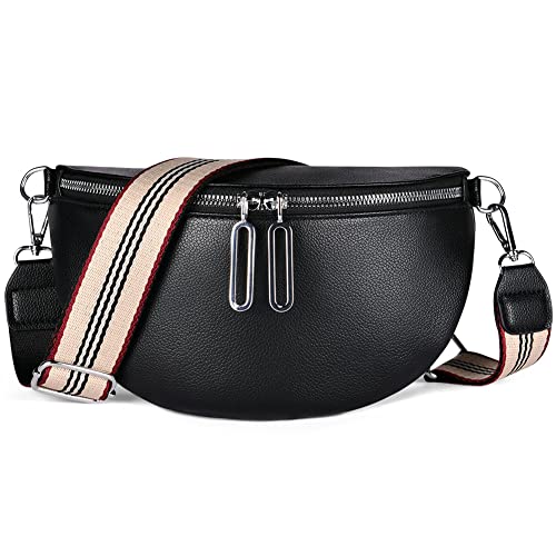 Aucuu PU Leder Crossbody Bag, Bauchtasche Damen, Tasche mit Breitem Schultergurt, Umhängetasche Damen mit Reißverschluss und Abnehmbar Schultergurt, Klein Modern, Schwarz