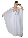 Egypt Bazar Abaya Festkleid aus Chiffon, Einheitsgröße: M bis XXXL (Weiß/Silber)