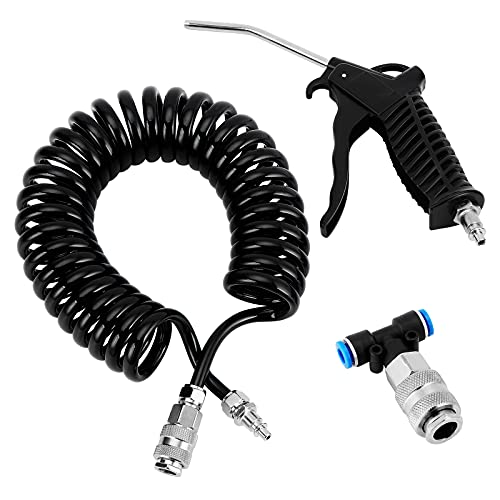 eROOSI LKW Ausblaspistole Druckluftpistole, Druckluft Set, LKW Air Duster Blaspistole, Spiralschlauch Ausblaspistole LKW mit 5 Meter Spiralschlauch (5 * 8 mm) und T Stück Schnellkupplung (2 x 6mm)