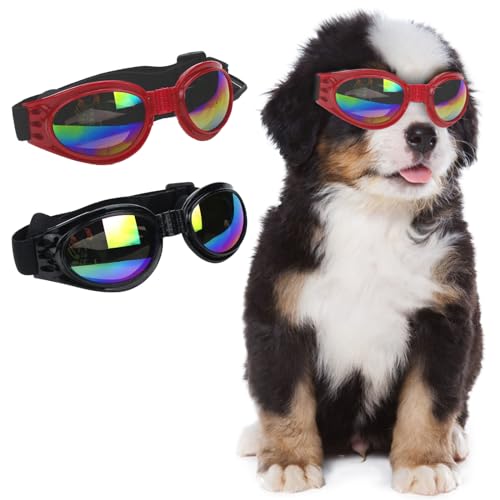 TYXHXTF 2 Pcs Sonnenbrille für Hunde, Hundebrille für Kleine Hunde UV Schutz Winddichte Wasserdichter, Haustier Sonnenbrillen mit Einstellbar Gummiband, Schwarz, Rot