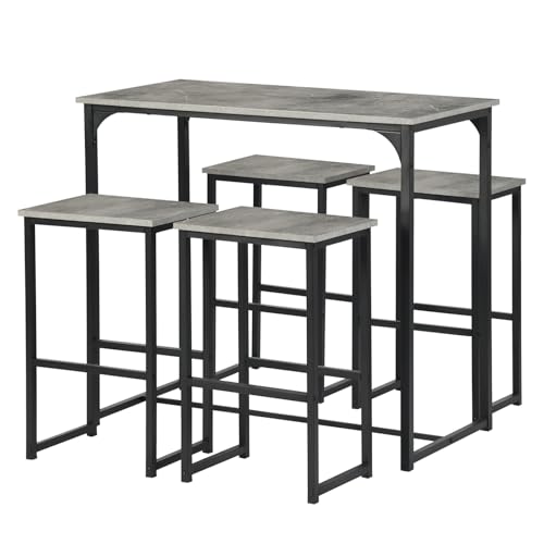 ZZINOKE Bartisch mit Barhocker Set, Bartisch Küche mit 4 Hocker, Industriestil, geeignet für Küche, Esszimmer, Wohnzimmer, Kneipe, Bartisch 100×50×90 cm,4 Barhocker 30×40×65 cm(Grau)