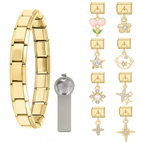 Greenyre Italian Charm Bracelet Gold,8 Additional Italian Charms with Opening Tools,Stainless Steel Italian Charm Bracelet Charms,9mm DIY Abnehmbares Module,Italian Style Charms für Damen,Mädchen