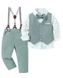 Amissz Kinder Anzug Set Junge, Kinderanzug Hochzeit Festliche Kindermode Jungen Anzüge Langarm Hemd + Hosenträger + Weste + Fliege Taufbekleidung für Baby-Jungen (Grün, 3-4 Jahre)