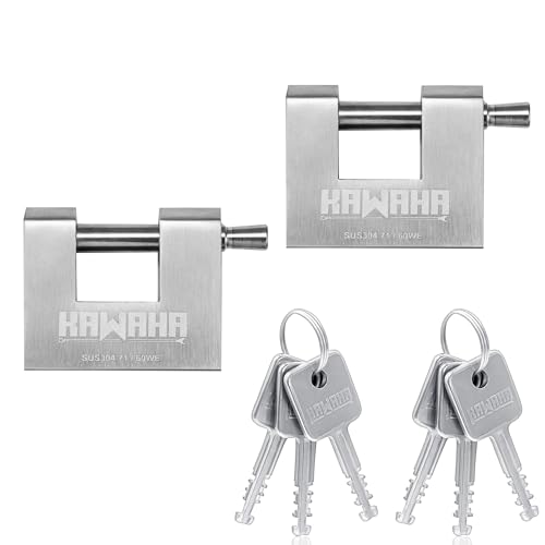 KAWAHA 71/60-2PS Edelstahl-Vorhängeschloss in D-Form mit Edelstahlschlüssel für Garagentor, Container, Schuppen, Schließfach und Lager (7,5 cm, gleichschließend, 2 Stück)