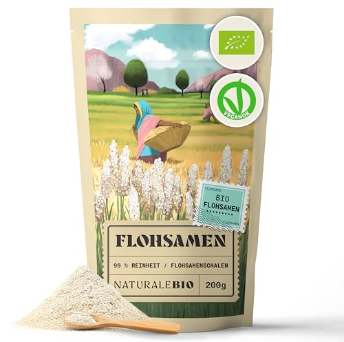 NaturaleBio Flohsamenschalen Gemahlen, 99% Reinheit, 200g natürliche Flohsamen Bio, Psyllium Samenschalen, Naturbelassen, rein, Ballaststoffreich, Vegan, Zum Auflösen in Wasser, Getränken und Säften.