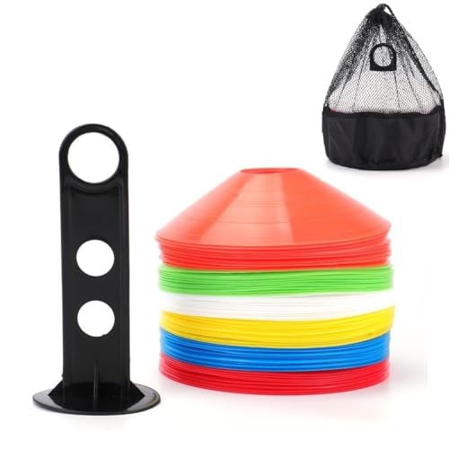 Tebery 60 Stück Markierungshütchen inklusive Halter und Tasche, Sport Fussball Hütchen Set, Markierungsteller für das Training im Fussball, Hockey, Handball