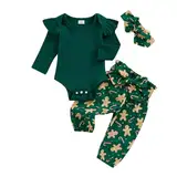 WERNZATT-Baby Mädchen Weihnachten Outfit Langarm Strampler Gürtel Lebkuchen Mann Print Hosen Stirnband 0-18M Baby Kleidung (Green, 6-12 Months)