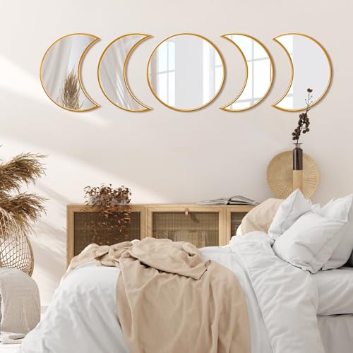 VASUHOME 100% Glas Mondphase Spiegel Set - Skandinavisches natürliches Dekor, Boho Wanddekoration für Zuhause, Wohnzimmer, Schlafzimmer - reflektiert natürliches Licht und verbessert die Stimmung -