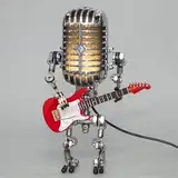 Vintage Microphone Robot Desk Lamp, Vintage Microphone Guitar Robot Lamp, Metal Microphone Robot Lamp with Mini Guitar, Robot Touch Dimmer Lamp, Vintage Microphone Guitar Robot Lamp with Dimmer