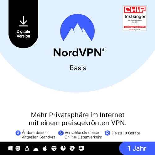 NordVPN Basis, 10 Geräte, 1 Jahr, Premium-VPN-Software, Digitaler Code