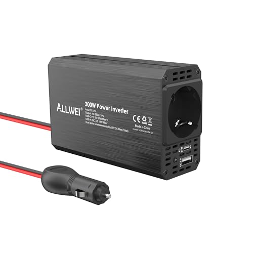 ALLWEI 300W Spannungswandler 12V 230V Wechselrichter mit USB-C PD27W-Typ-C & USB Anschluss - für Auto, Wohnwagen, Camping, Laden von Handys, Laptops und Anderen Geräten (Schwarz)