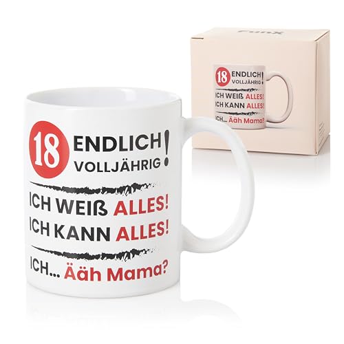 FunX Tasse 18 Endlich Volljährig - Kaffeetasse mit Spruch als lustiges Geschenk zum 18. Geburtstag für Mädchen und Jungen