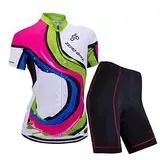 Damen Atmungsaktiv Schnelltrocknend Fahrradtrikot Set, Outdoor Kurzarm Radsport-Shirt + 3D Gel Gepolsterte Kurze Hose Fahrradhose (Farbbalken, M)