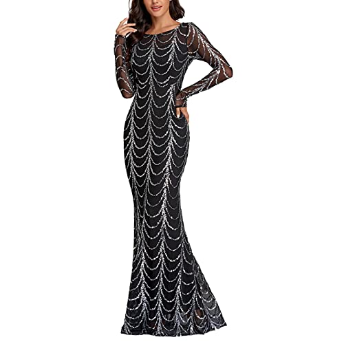 unilarinna Frauen Kleid lang sexy V-Ausschnitt Ballkleider mit Langen Ärmeln Cocktail Meerjungfrau Brautkleid Damen Plus Size Fischschwanz Abendkleid Lange Cocktailkleid Elegant Partykleid