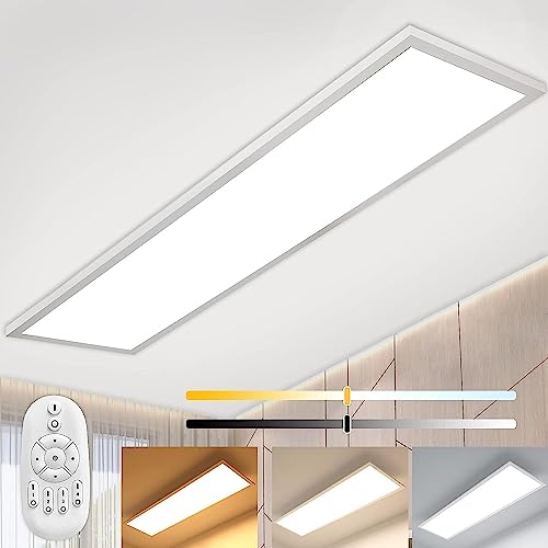 Dimmbar LED Panel Deckenleuchte 120x30 cm mit Fernbedienung, 40W Super Deckenpanel Lampe mit Direkt Stark Leuchtkraft Licht, Warm Natur Kalt Weiß Deckenlampe für Büro Garage Wohnzimmer Werkstatt