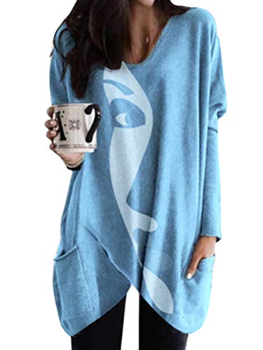 Minetom Langarmshirt Damen V-Ausschnitt Druck Lose Langarm Oberteile Oversize Lang Sweatshirt Tops Asymmetrisch Saum Jumper Pullover Mit Taschen A Blau XXL