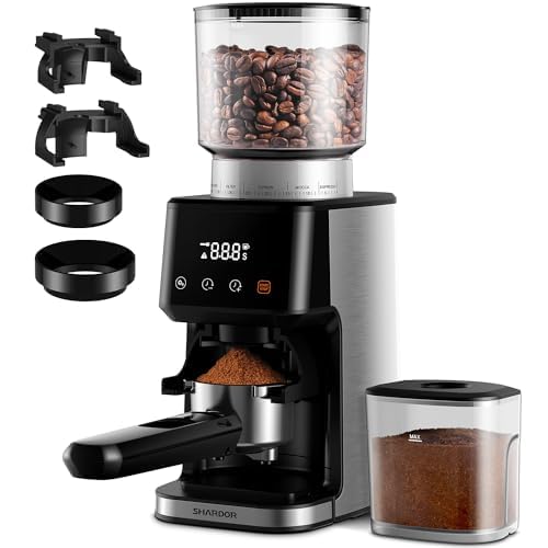 SHARDOR KaffeemüHle Elektrisch, 51 Stufen GleichmäßIger, Feiner Mahlgrad Einstellbar KaffeemüHle Mit 2 Größen von Griffhaltern, Programmierbare Tassen/Zeit, Kegelmahlwerk, Antistatisches, 165W
