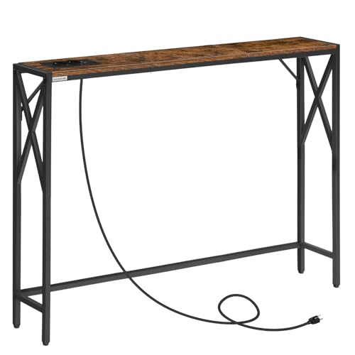 MAHANCRIS Konsolentisch mit Ladestation, Eingangstisch, Schmaler Konsolentisch, Flurtisch, Ausstellungstisch, Beistelltisch für Eingangsbereich, Wohnzimmer, Flur, Vintagebraun und Schwarz ACTHR151UE01