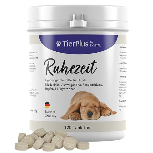 TierPlus Ruhezeit Tabletten für Hunde, Relax Tabs mit Baldrian, Ashwagandha, Hanföl, Hopfen, L-Tryptophan & Passionsblume, 120 Tabletten, Hochdosiert & mit Soforteffekt