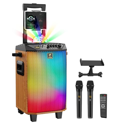 Karaoke Maschine für Erwachsene, TONOR tragbarer Bluetooth Lautsprecher mit 2 kabellosen Mikrofonen, PA-System mit Discokugel-Lichtern für Zuhause, Party, KTV, Braun, unterstützt REC/USB/TF/AUX