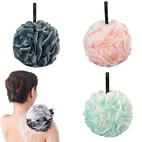 3 Stück Badeschwamm, Dusch-Luffa-Kugeln, duschschwamm, weich, langlebig, extra groß, Netz-Pouf, einfach, schäumend, Körperschrubber Peeling für große Vollschäumreinigung, einfarbig (60g)