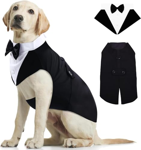 Kuoser Hund Smoking Anzug & Bandana Set, Haustier Fomal Kleidung Hunde Mantel mit Abnehmbarer Fliege, Hundeanzug Welpe Kostüm Shirt für Hochzeit Halloween Geburtstag Party, S-XXL