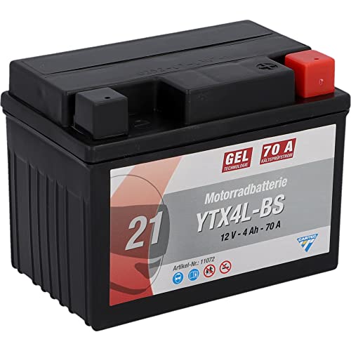 CARTEC Motorradbatterie YTX4L-BS, 4Ah, 70A, Gel Technologie Motorrad-Starter-Batterie, Erstausrüsterqualität, zyklenfest, lagerfähig, wartungsfrei