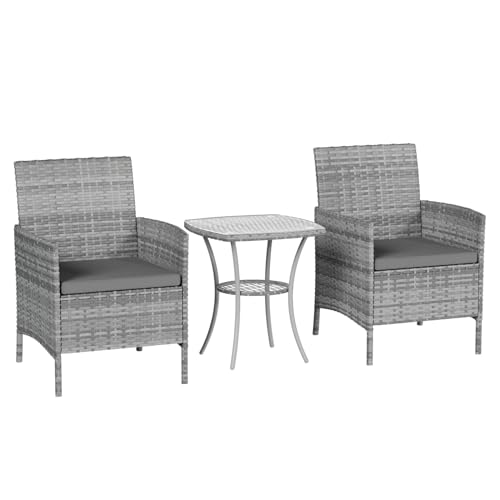 Amopatio Rattan Gartenmöbel Set, Balkonmöbel Set Kleiner 3 teilig, Outdoor Gartenlounge Wetterfest, Bistrotisch mit 2 stühlen, Terrassenmöbel für Terrasse, Balkon, Garten, Grau