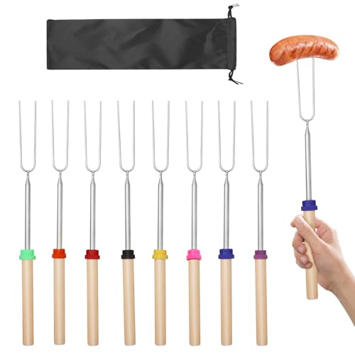 Teleskop Grillspieße Edelstahl 8 Stück,Grillspieße Teleskop, Lagerfeuerspieße, Grillgabel Grillbesteck Set Marshmallow Spieße Grillbesteck Set für Camping Grill