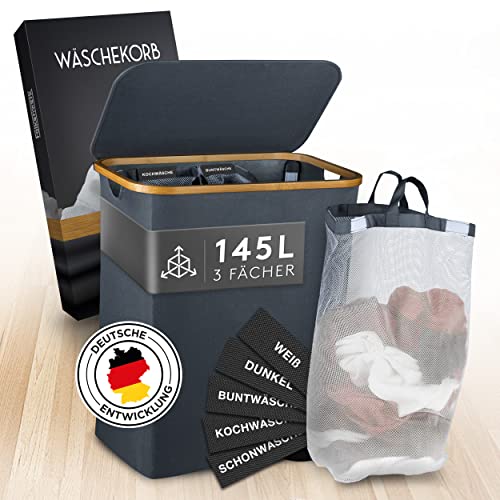 FALKENWERK Wäschekorb mit Deckel 145L - Wasserabweisender Wäschesammler 3 Fächer & herausnehmbaren Wäschesäcke - Faltbare Wäschebox mit Waschhinweisen - Wäschekorb 3 Fächer