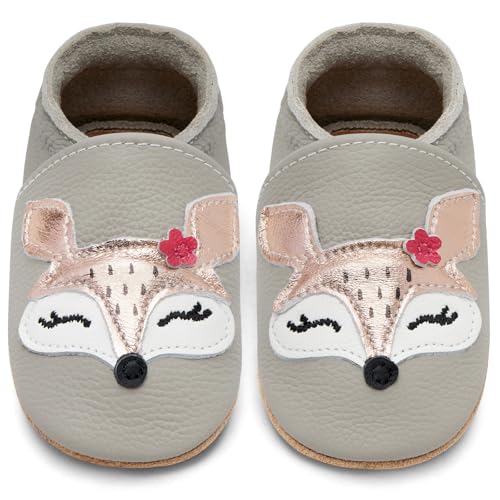 IceUnicorn Krabbelschuhe Baby Lauflernschuhe Jungen Mädchen Weicher Leder Babyhausschuhe Kleinkind Rutschfeste Lederschuhe Baby(Hellgrauer Fuchs, 6-12 Monate)