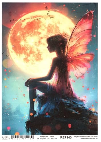 Josys Bastelmärchen Reispapier DIN A4 Strohseide Decoupage Fantasie Fantasy Feen Elfe Mond RE7143