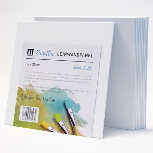 Leinwand Malkarton 10er-Set zum Bemalen 30x30cm - leere, weiße Malpappe aus 100% Baumwolle, 2-fach weiß grundiert und 3mm stark - Ideal zum Malen mit Acryl oder Ölfarbe für Profis, Kinder, Hobby