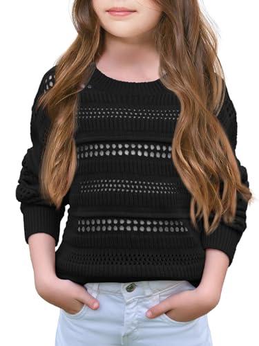 Haloumoning Mädchen Pullover Kinder Langarm Rundhals Einfarbige Strickpullover Mode Casual Hohle Pulli,Schwarz,11-12Jahre