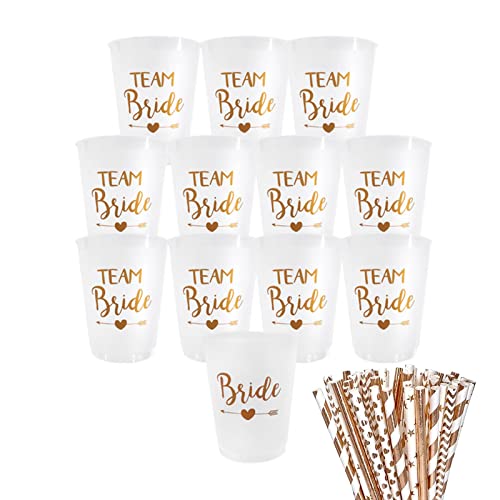12 Stück Team Bride Becher JGA Becher Wiederverwendbar Bachelorette Party Cup mit 12 Rosagold Folie Team Bride Strohhalme für Bridal Shower Verlobungsfeier Junggesellenabschied frauen Party
