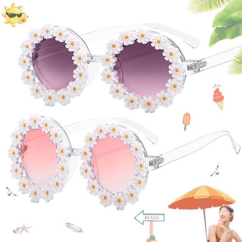 SoundZero 2 Stück Daisy Runde Sonnenbrille, Party Brille Rund, Retro Brille Blumenform, Hippie-Sonnenbrille, Retro Partybrille, Brille Blume, Strandsonnenbrille, Blumen Partybrille, Für Strand Freien