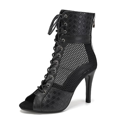 Uonpie Tanzstiefel Damen Reißverschluss Peep Toe Ballsaal Salsa Tanz Stiefeletten Absätze Tanzschuhe Schwarz, 37 EU