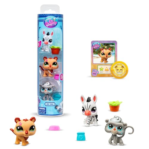 Littlest Pet Shop Bandai BF00597 Zoo Pets Set mit 3 Haustieren, Zubehör, Sammelkarte und virtuellem Code, Generation 7, Haustiere #96, 97, 98, Kinder ab 4 Jahren +