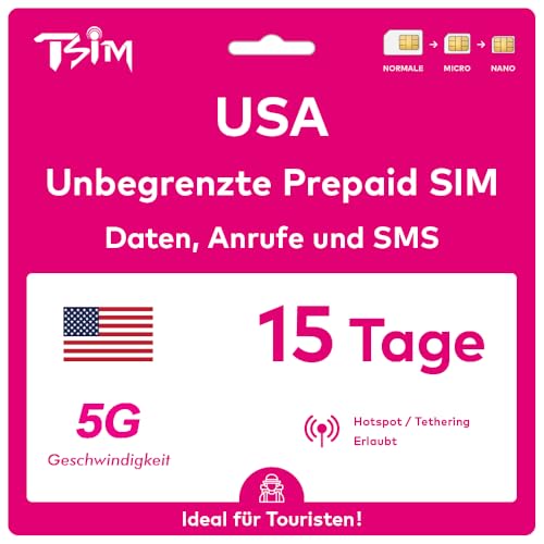 USA SIM-Karte 15 Tage. T-Mobile-Netz mit unbegrenztem Highspeed-Datenvolumen in 5G/4G/LTE | Unbegrenzte Anrufe und SMS innerhalb der USA (einschließlich Hawaii). 5G SIM-Karte!
