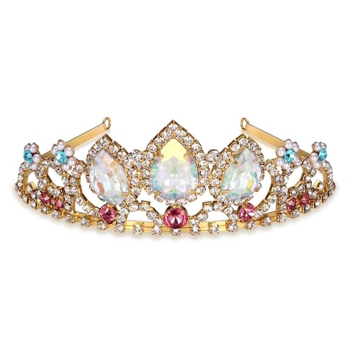 hengkaixuan Pretty Rapunzel Tiara Aurora Borealis Stein Sparkly Gold Tiara Prinzessin Krone Tangled Kostüm Süßes Geschenk für Mädchen