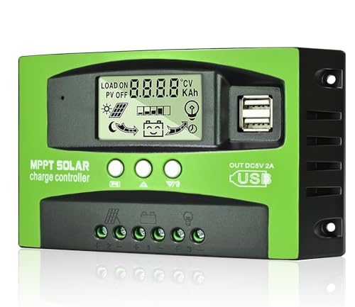 MPPT 100A Solar Laderegler 12V 24V Solarregler, MPPT Solarladeregler 100A mit Temperatursensor 2 USB Ports LCD Display, Passend für Sonnenkollektor 12V 24V Blei Säure und Lithium Batterien