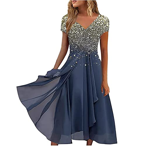 Sommerkleider Damen Elegant Kleid Sommer Chiffon Sommerkleid V Ausschnitt Partykleid High Waist Cocktailkleid Festliche Kurzarm Solide Glitzerkleid Sexy Kleider Schlank Maxikleid