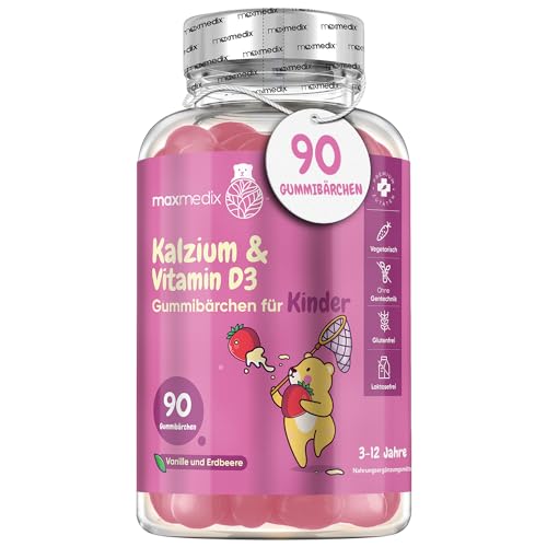 Calcium & Vitamin D3 Gummibärchen für Kinder - 90 vegetarische Gummies - 320 mg Kalzium & 800 IE Vitamin D3 - Für Immunsystem, Stoffwechsel & Knochen (EFSA) - Erdbeere & Vanille Geschmack - maxmedix