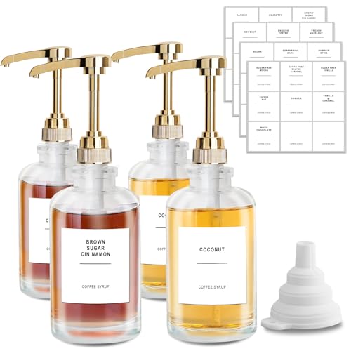 sunal Kaffee Sirup Spender,500ml/16,9 oz Glas Sirup Spender,4er Pack Sirup Pump Spender Flasche,mit 1/4oz große Kapazität Pumpe und 36 wasserdichte Etiketten&Silikon Trichter,Golden