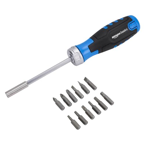 Amazon Basics Magnetischer Ratschen-Schraubendreher, 12 Stück, 1er-Pack, Blau/Schwarz/Silber