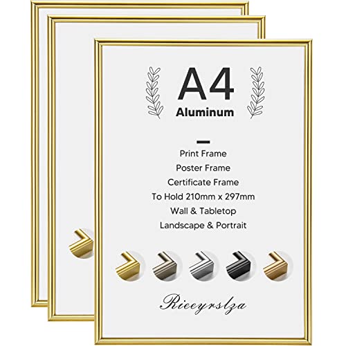 Rieeyrslza Aluminium Bilderrahmen 3 STK Dokumentrahmen 21x29,7cm A4 Fotorahmen Wand & Tischrahmen Foto Rahmen Poster Wand Bilderrahmen Geeignet Für Zuhause Schule Galerie(Gold)