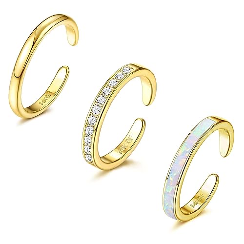 Diamday 3PCS 14K Goldgefüllt Zehenringe für Damen Verstellbare Offen Zehenring Set Fingerring Toe Ring Niedlich Opal CZ Blume Einfach Zehenringe Schwanzband Ringe Strand Sommer Fuß Schmuck Silber Gold