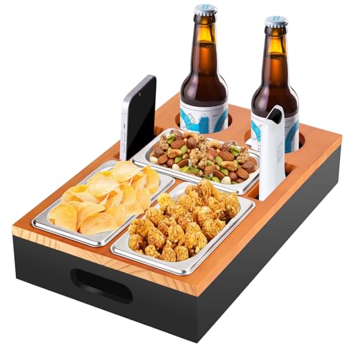 PBWZF Couchbar Snackbox mit 3 XXL Edelstahlschalen & 2 Getränkehalter, 2-in-1 Snackbox und Tablett Serviertablett aus Natürlichem Bambus, Eleganter Couch Bar Sofa Couch Butler für Wohnzimmer Picknick