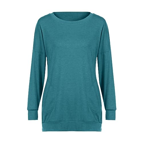 Lässiges T-Shirt für Damen und Mädchen 2024, lässig, langärmelig, Baumwolle, einfarbig, lose Taschen, T-Shirt, Blusen, Tops, Sommerbluse, grün, Large