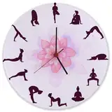 speecheese Yoga Wanduhr aus Glas mit verschiedenen Yogastellungen Witzige Uhr für Yogasport Yogastudio mit Blumenmotiv für mehr Sport und Beweglichkeit im Alltag